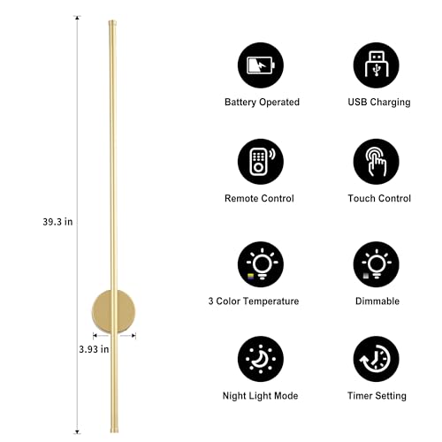 Image of Battery Operated Modern Wall Sconces,Dimmable Wireless Wall Light Set of Two with Remote Control,3 Color Temperatures,Rechargeable LED Wall Sconce for Bedroom,Living Room,Hallway,39.3 Inch, Gold