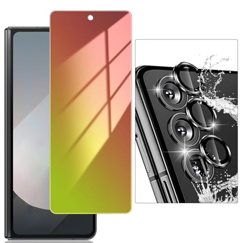 CYCFAIML for Samsung Galaxy Z Fold 4 Screen Protector Gradient Colorful Privacy Anti Blue Light Tempered Glass Front Screen Protector with Rear Metal Camera Lens Protector Bubble Free Anti Scratch