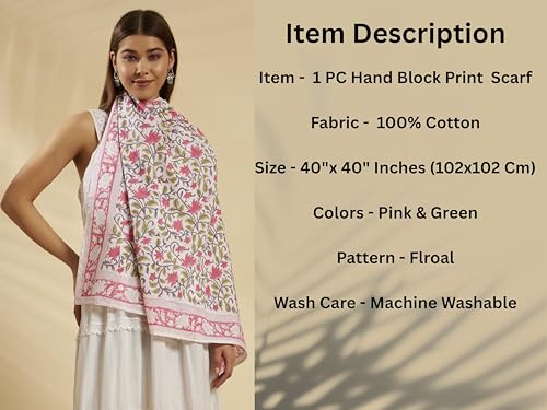 Image of Ravaiyaa - Attitude is everything Sanganer Hand Block Printed Scarves Pure Cotton Scarf Square Hijab Dupatta 40 inch X 40 inch Inch