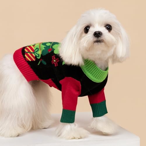 Image of Fitwarm Cozy Dog Christmas Sweater, Thermal Winter Clothes for Small Dogs, Boy & Girl, Holiday Pet Apparel, Black, Red, Green, Yellow, XS