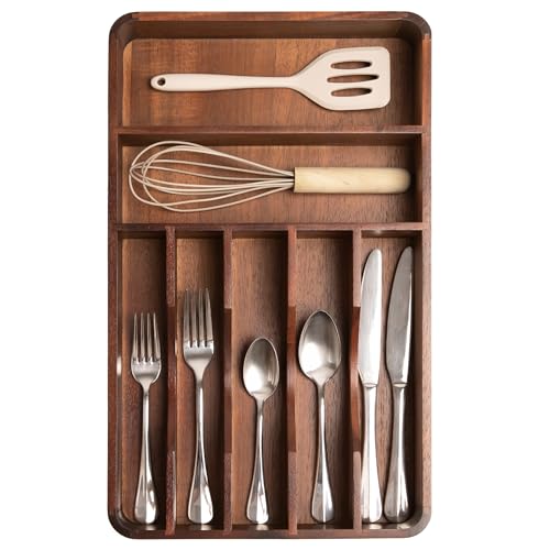 KitchenEdge Silverware Organizer - Cutlery, Flatware, and Utensil Holder for Kitchen Drawers, Fixed 10.5” Width, 7 Storage Compartments, Non-Slip Feet, Rounded Corners, Acacia Wood