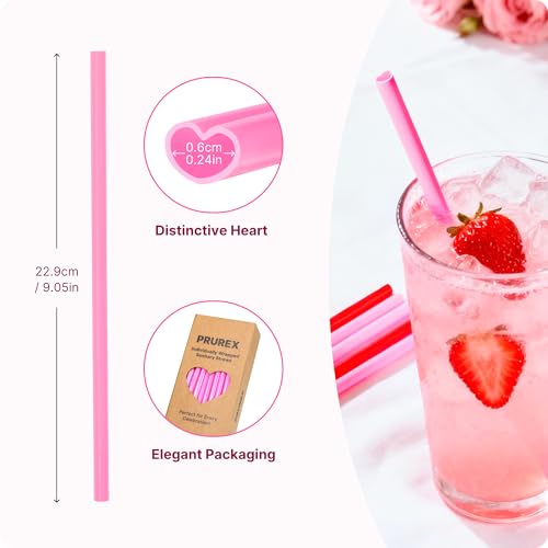 50pcs Heart Shaped Pink Straws 8mm Individually Wrapped Disposable Drinking Straws for Galentine's Brunches,Cocktail, Birthday Parties, Pastel Weddings & Bridal Shower Decorations