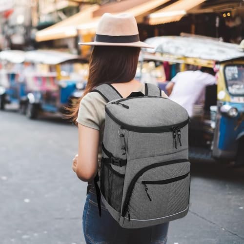 Insulated Cooler Backpack, Quilted Design, Gray and Black, Large Capacity with Multiple Compartments, Side Mesh Pockets2