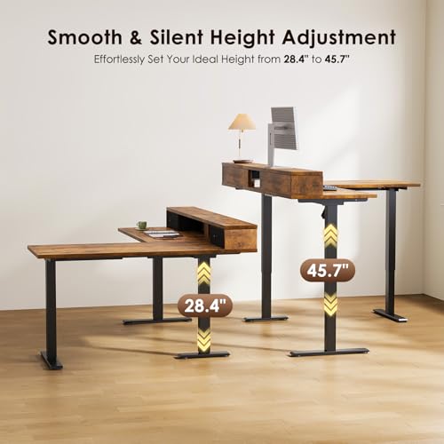 Image of Casaottima 59 Inch Electric L-Shaped Standing Desk with Drawers, Height Adjustable Stand Up Corner Desk with Monitor Stand, Lift Table for Home, Office, Workstation, Rustic Brown