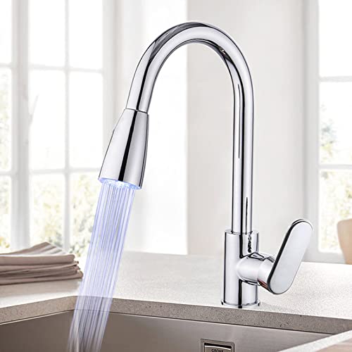 Pull Down Kitchen Faucet With Led Light, Led Kitchen Sink Faucet, Kitchen Faucets With Pull Down Sprayer, High Arc Brass Kitchen Faucet Chrome, Temperature Controlled 3 Color-Changing Kitchen Faucets #TOP4