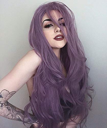FESHFEN Lavender Purple Long Wavy Synthetic Lace Front Wig 180% Density Elegant Lilac Purple Violet Wig for Women Cosplay Daily Party