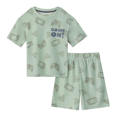 Image of Cuddl Duds Boys Matching 2 Piece Pajamas Set - Short Sleeve Soft Waffle Pajama Shirt & Shorts - Sleep & Lounge Sets for Kids
