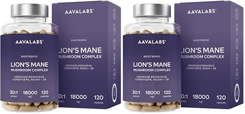 Melena de Leon 18,000mg (30:1) + Zinc, Reishi & Cordyceps - Alta Potencia Lions Mane Mushroom pastillas -120 Melena de Leon Capsulas - Nootropicos (Paquete de 2)