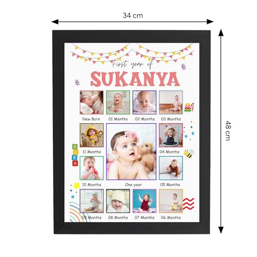 Image of ASHVAH 12 Months Baby Girl Photo Frame 01st Birthday One Year Personalized 12 Images With Texts Best Gift (BABY 12 MONTH) - A3 Size