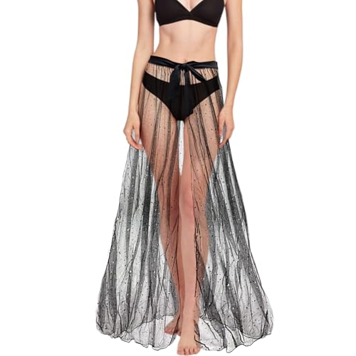 TUONYIS Roupa festival mulher saia de tule transparente lantejoulas, elegante para mulher saia comprida de renda, cintura alta sexy, saia de mulher sexy club, Preto, Tamanho único