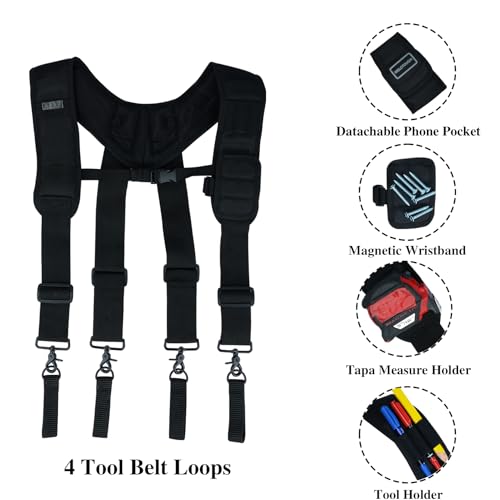 Image of MELOTOUGH Magnetic Tool Belt Suspenders with Magnetic WristBand for Work Belt Padded Suspenders Constrcution