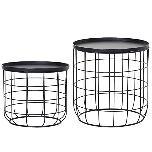 Outsunny Set of 2 Nesting Wire Coffee Side Tables Geometric Design Round Removable Top for Storage Stacking Home Furniture Modern Decoration - Black
