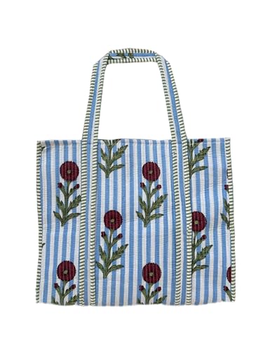 Image of Quilted Cotton Hand printed Reversible Large multicolor cotton Tote Bag,Indian Handmade Block Printed Tote Bag Women Handbag