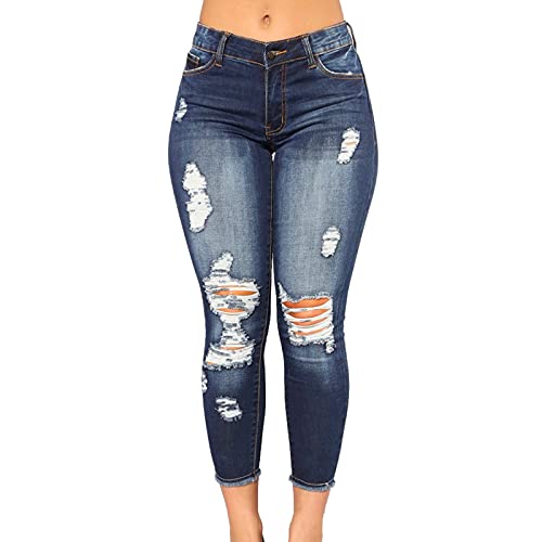 Low Waisted Ripped Jeans for Women Skinny Stretchy Casual Denim Pants Slim Fit Comfy Lounge Date Jeans with Pockets