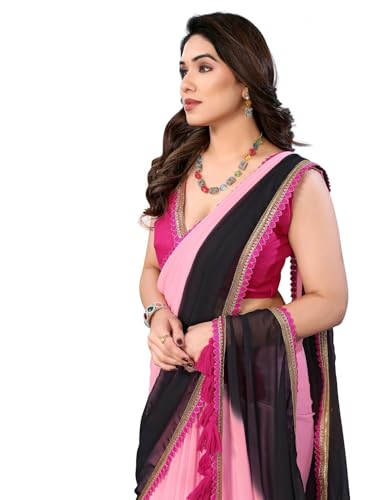 Image of RAJESHWAR FASHION WITH RF Women's Fancy Desian Ombre Georgette Saree For Women With Latkan Tassels Lace Border & Unstitched Blouse