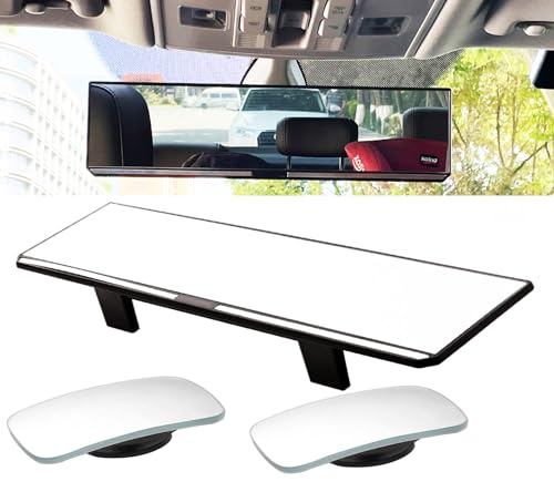 Image of Kitbest Rear View Mirror,11.8 Inch Panoramic Rearview Mirror Clip On Car Mirror - Universal Wide Angle Car Mirror - Flat- For Cars, SUV, Trucks (Bonus 2 PCS Blind Spot Mirrors - Square)