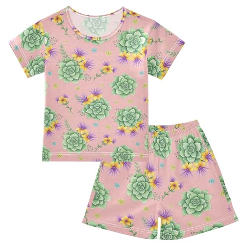 Pajama Short Sets Succulent Floral Pattern Print Soft Cotton Summer Sleepwear 2 Piece PJS Size 5-14T