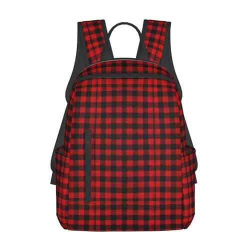 Mochila casual para viaje y trabajo con diseño a cuadros rojo y negro miniatura 1