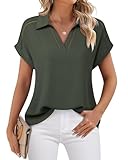 Timeson Work Tops for Women Business Casual： Womens Short Sleeve Blouses Summer - Professional Office Attire Collared - V Neck Dress Shirts Sheer Chiffon Silk Ladies Interview Outfit Chive Green M