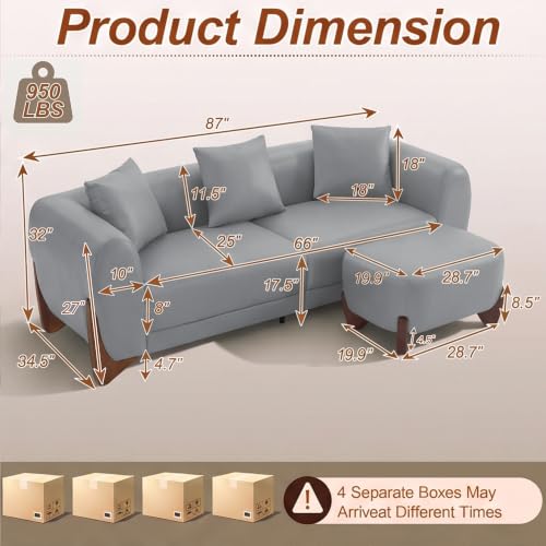 Image of 87 inch Faux Leather Cloud Couch with Ottoman, Modern 3 Seater Sofa with Solid Wood Legs 25 inch Extra Deep Seat Comfy Thick Cushion Upholstered Sofa Couches with 3 Pillows for Living Room, Light Grey