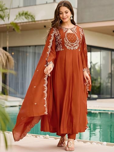 Image of Silk Anarkali Kurta Set, Rust Orange, Embroidered, 3-Piece with Dupatta, Women's Festive Wedding Ethnic Wear.