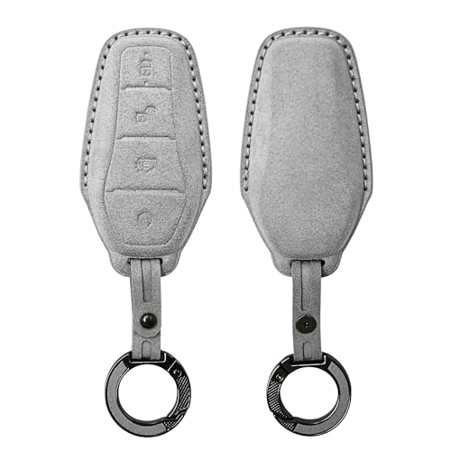 Image of KMH Alcantara Key Cover Compatible with BYD Atto 3 Models Smart Keycover with Keychain 4 Buttons Shell Case Holder Full Key Protector Accessories Smart Keycover with Keychain, Grey - Pack of 2