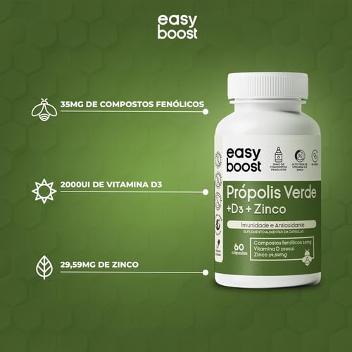 Extrato de Própolis Verde 35mg de Compostos Fenólicos + Vitamina D3 2000ui + Zinco Bisglicinato Easy