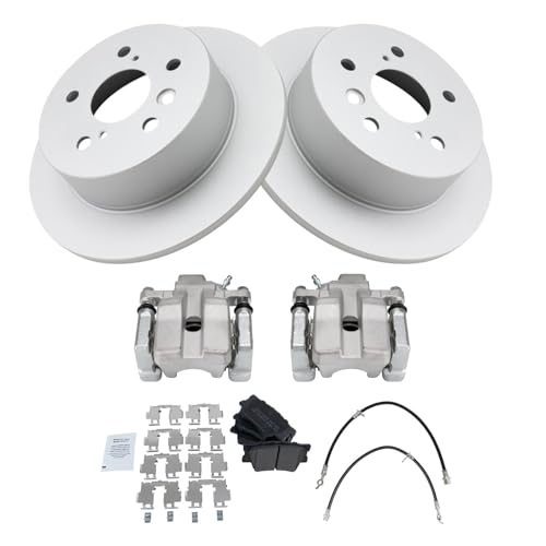 Image of TRQ Rear Brake Pad and Rotor Set Semi Metallic Coated Rotors Calipers Compatible with 2007-2012 Lexus ES350 2008-2012 Toyota Avalon 2007-2011 Camry