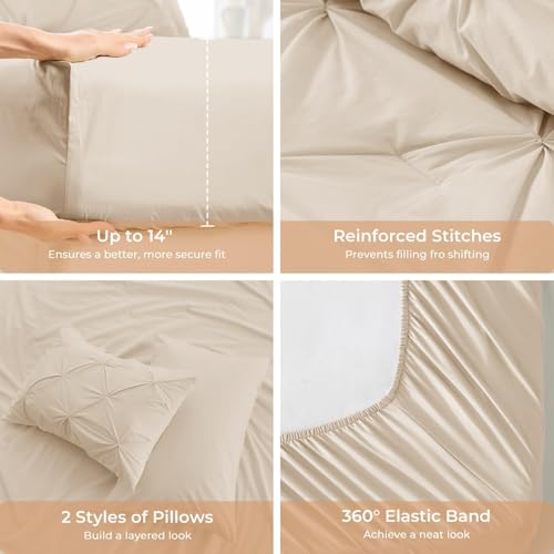 Image of Sasttie King Size Comforter Set, 7-Piece Bed in a Bag, Pintuck Bedding Set for All Season, Includes Comforter, Flat Sheet, Fitted Sheet, Pillowcases and Pillowshams, Warm Beige