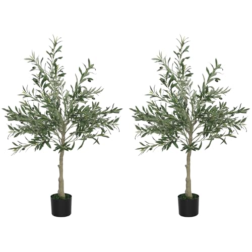 HOMCOM Set of 2 4ft/ 120cm Decorative Artificial Plant, Silk Olive Tree with 450 Leaves and 20 Olive Fruits in Pot, Fake Plant for Home, Office, Living Room, Indoor Decor