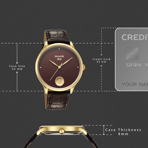 Image of Sonata Gold with Quartz Analog Regal Maroon Dial with 0.15 Gm 22 Karat Tanishq Gold Coin On Dial Brown Leather Strap Watch for Men - 7153YL03