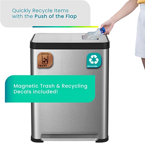 Home Zone Living 19 Gallon Kitchen Trash Can with Dual Compartments for Recycling, CleanAura Odor Control, Stainless Steel, Silver, 70 Liters Total, Gen 1