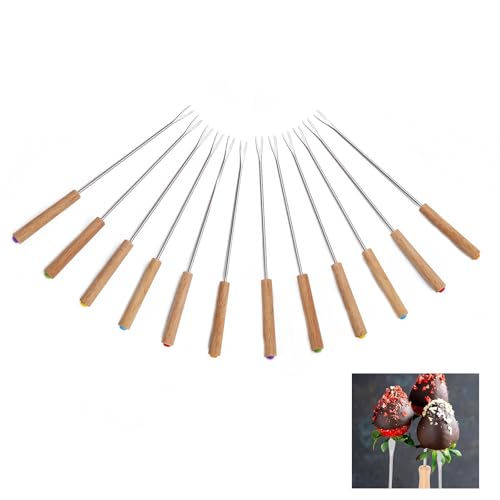 Foto von LifgWas Fonduegabeln aus Edelstahl mit Holzgriff, 24 cm lang, für Käsefondue, Schokolade, Marshmallows-Spieße mit Holzfeuer oder Obstgabeln, Utensilien, 12 Stück