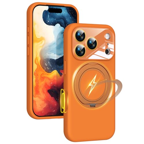 Image of Silicone 360 Spin Magnetic Stand Case for iPhone 17 Pro Max, [Compatible with Mag-Safe][Reinforced Hard Camera Protection] Liquid Silicone Rubber Phone Cover with Ring, Camera Button, Orange