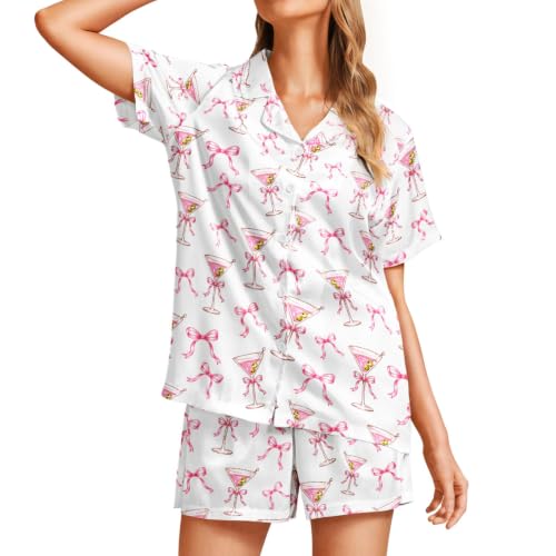 Image of Funny Satin Pajamas Set for Women Button Down Sleepwear Print Pjs Set 2 Piece Short Sleeve Loungewear Gift for Women