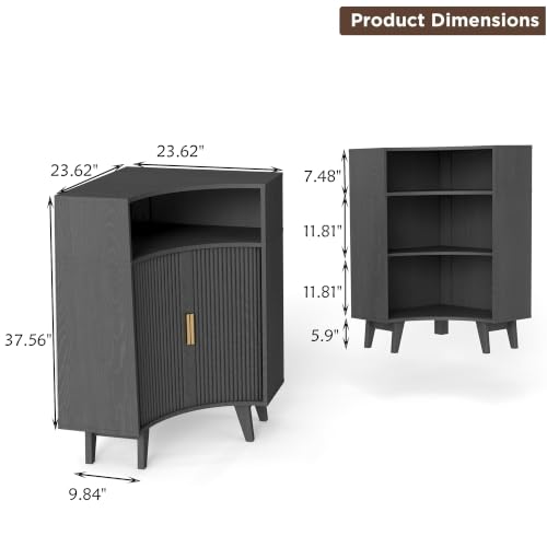 Image of Fluted Corner Cabinet with Open Storage, Modern Floor Cabinets with Sliding Doors and 2-Tier Shelves, Freestanding Narrow Organizer for Small Space,Living Room, Dining Room,Black