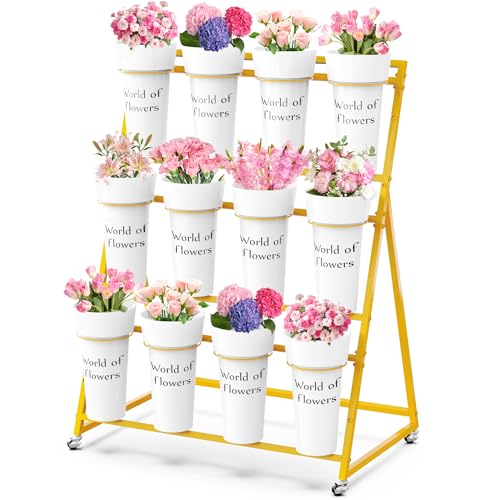 VGMiu Flower Display Stand with 12 Buckets, Metal Flower Cart with Wheels 3 Layers Gold Flower Bar Stand Moving Florist Bouquet Shelf for Party Weddings Ceremony Garden Indoor Outdoor Patio Decor