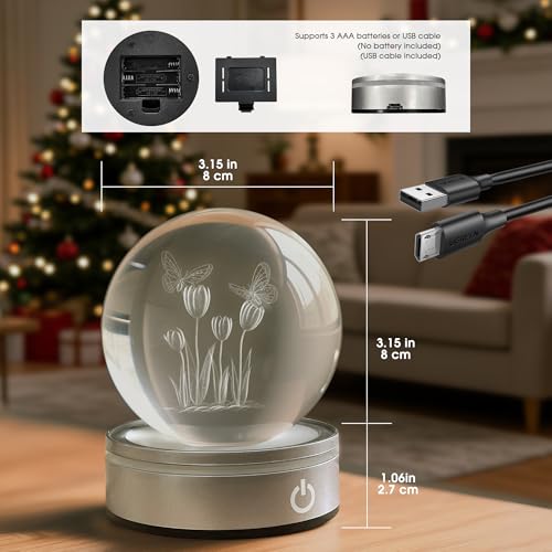 Image of L LOHAS LED 3D Crystal Ball Night Light-Laser Engraved Floral, Silver Base