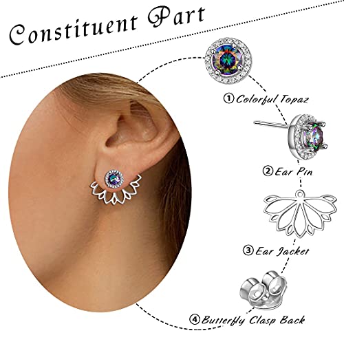 Chicsilver Hypoallergenic Ear Jacket Stud Lotus Flower Earrings For Women, 925 Sterling Silver Colorful Topaz Front/Back Stud Earrings For Sensitive Ear Dainty Fashion Jewelry #TOP3