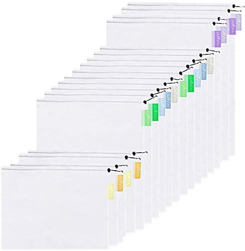 purifyou Set of 18 Premium Reusable Produce Bags, Washable Farmers Market Shopping and Storage for Fruits, Vegetables, Toys, Groceries, Kitchen, and Home Organizer (Various Sizes)