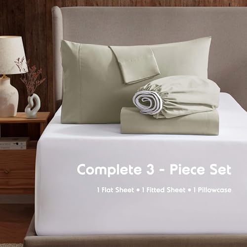 Image of Nestl Twin XL Bed Sheet Set - Light Green - 3-Piece Deep Pocket | Instantly Soft, Night-One Ready (No Wash Required). Fits 16-Inch Deep Pockets, 360-Degree Elastic Grip