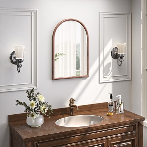 Image of 20 inchx30 inch Arch Wall Mirror for Wall, Wall Mounted Vanity Mirror for Bedroom, Wood Grain Finish Frame Mirror with Tempered Glass, Vintage Decorative for Bathroom, Entryway, Living Room, Walnut
