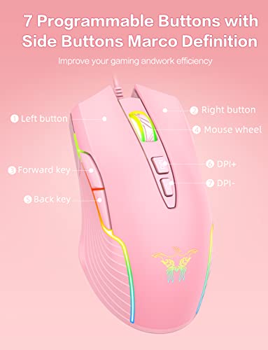 Phnixgam Wired Gaming Mouse, Ergonomic Rgb Computer Mouse With Rgb Backlight, Adjustable Dpi Up To 6400, 7 Programmable Buttons For Windows Vista Linux (Pink) #TOP4