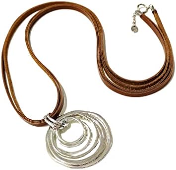 BALOOLA 38” Long ECO Leather Necklace, Ring Circle Necklace for Women, Brown Leather Necklace, Long Pendant Necklace, Large Lariat Necklace, 7 Silver Circles Necklace,Handmade Jewelry Boho Jewelry