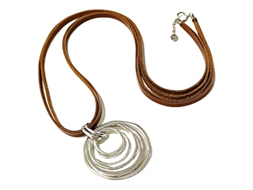 Baloola 38” Long Eco Leather Necklace, Ring Circle Necklace For Women, Brown Leather Necklace, Long Pendant Necklace, Large Lariat Necklace, 7 Silver Circles Necklace,Handmade Jewelry Boho Jewelry #TOP6