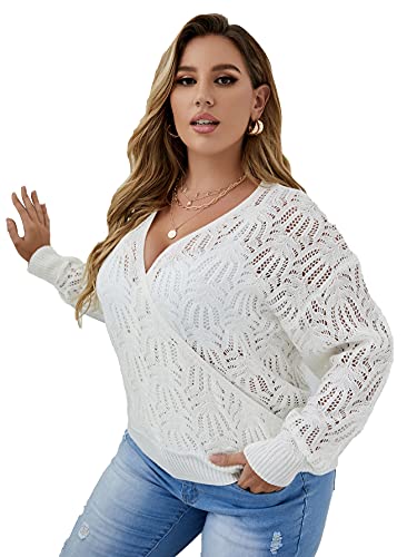 Wdirara Women's Plus Size Deep V Neck Wrap Long Sleeve Sweater Knit Tops White 2Xl #TOP13
