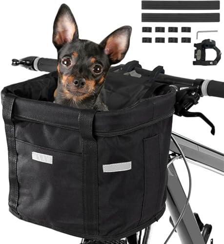Bibykivn Cesta para Bicicleta, Canasta de Bicicleta Plegable con Adaptador de Manillar, Canasta de Manillar de Bicicleta Multiusos para Mascotas, Bolsa de Compras, Cesta de Picnic (Negro-A)