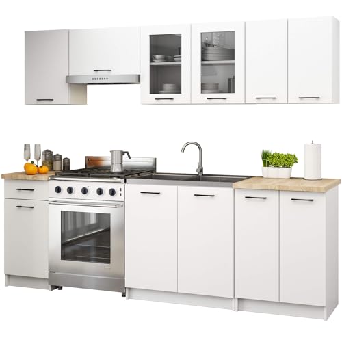 AKORD | Set di Mobili da Cucina Olivia 2.4m | Cucina Completa Piccola | Componibile | su Misura 46 x 240 x 203 cm | Per un design moderno e Tradizionale | Bianco