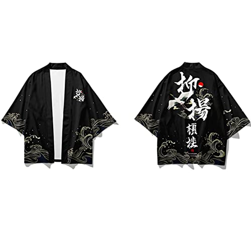 Image of DOSLAVIDA Men's Japanese Kimono Cardigan Suit Chinese Style Printed Jacket Pants Set Open Front Seven Sleeve Top & Shorts