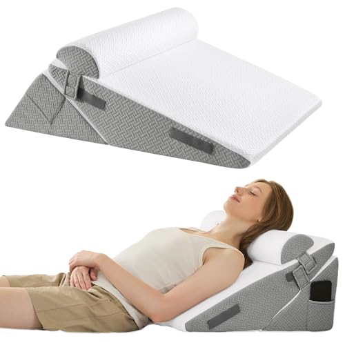 Sasttie Wedge Pillow Set for After Surgery, 3PCS Adjustable Bed Wedge Pillow Headboard with Memory Foam Neck Cushion – for Acid Reflux, Sleeping, Neck & Back Support, Dark Grey & White